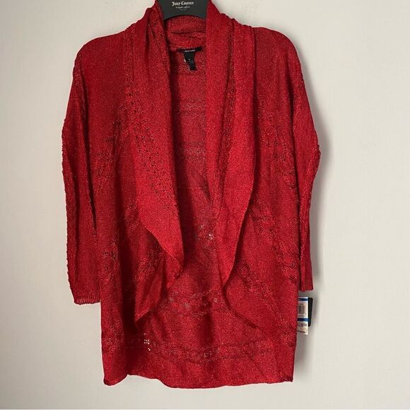 Alfani Women’s Open Front Crochet Red Long Sparkly Sleeve Cardigan size M - Picture 1 of 3